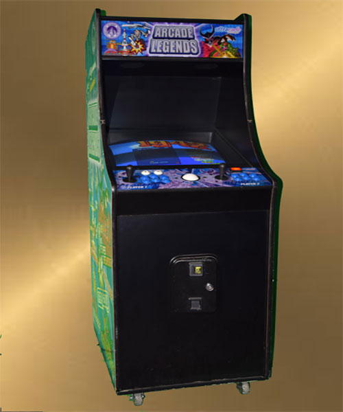 A black and gold arcade machine available for Iron Man Pinball Rental or Golden Tee rental. Arcade Games