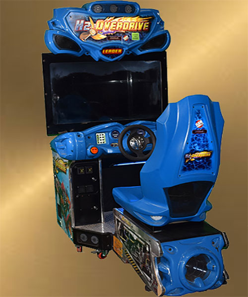 An arcade machine with a blue seat and steering wheel available for Big Buck Hunter rental. Arcade Games