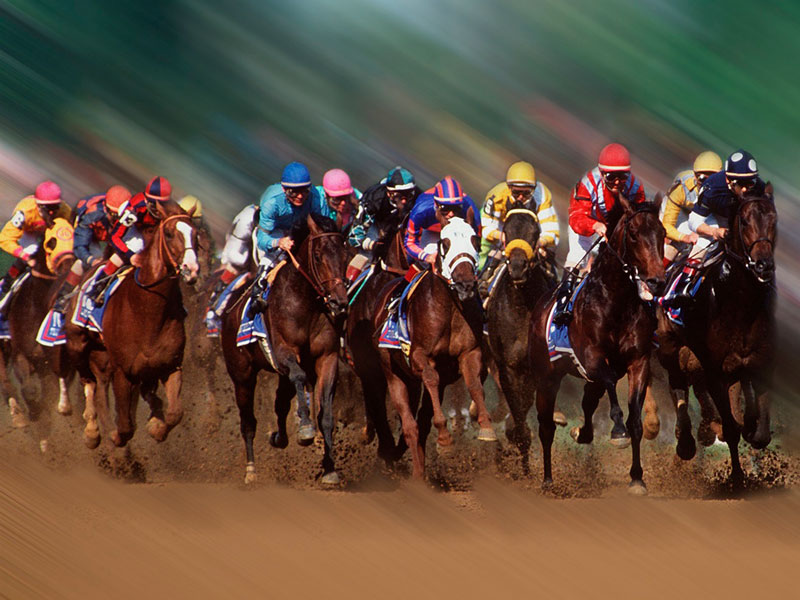 A group of jockeys are participating in a Corporate Outing Game on a dirt track. Derby Party Decor