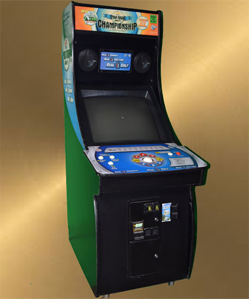 An arcade machine featuring black and gold design.