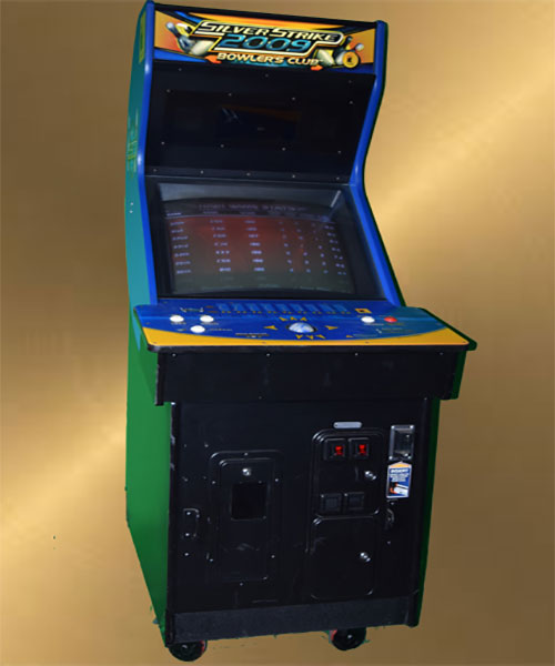 A blue and green arcade machine available for rent.