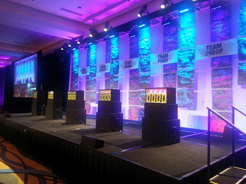 A stage set up for a corporate conference featuring a Family Feud Trivia Game.