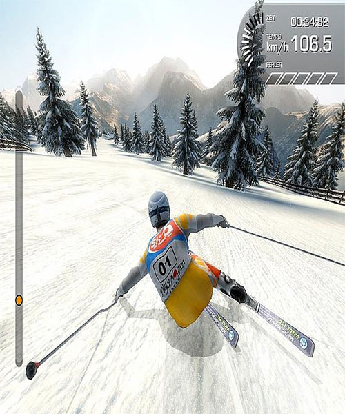 A skier is skiing down a snowy slope. Arcade Games