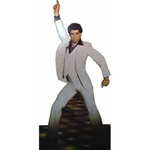 A man in a John Travolta Prop suit is standing in front of a white background.