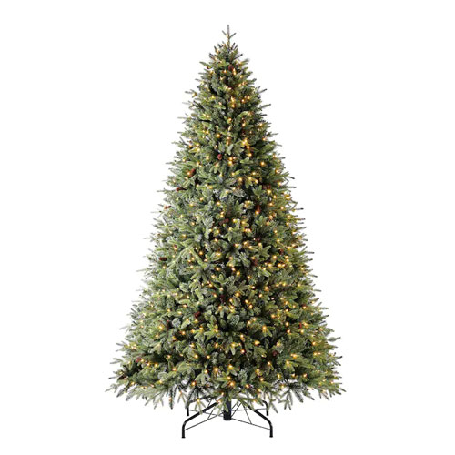 Christmas Trees on a stand against a white background.