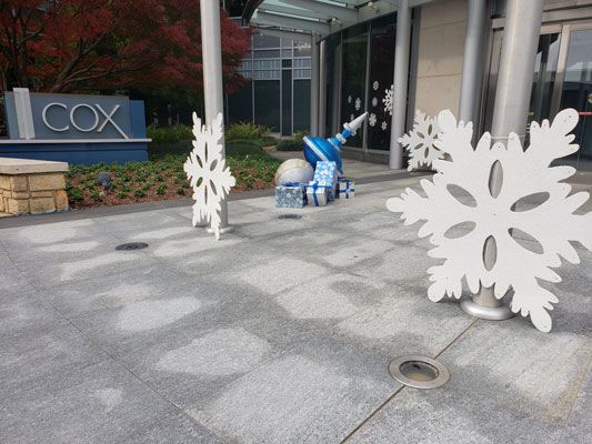 Snowflakes on a sidewalk in front of a building.