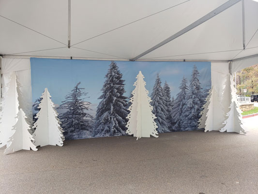 A tent with white trees in the background.