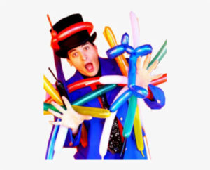 A man in a top hat entertaining at a party with balloons in his hands, adding to the festive atmosphere of the Carnival Theme Party.