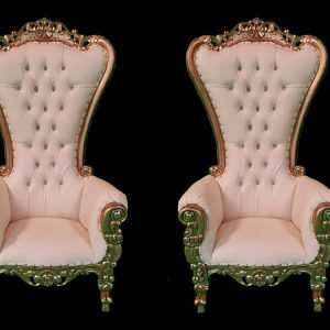 Two pink and gold throne chairs on a black background. Corporate Event Rentals